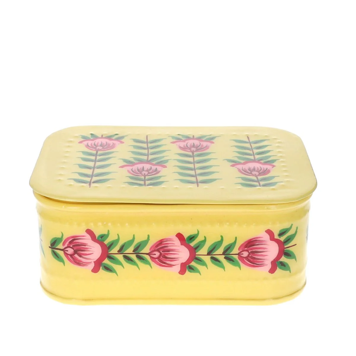 Boite métallique jaune à fleurs