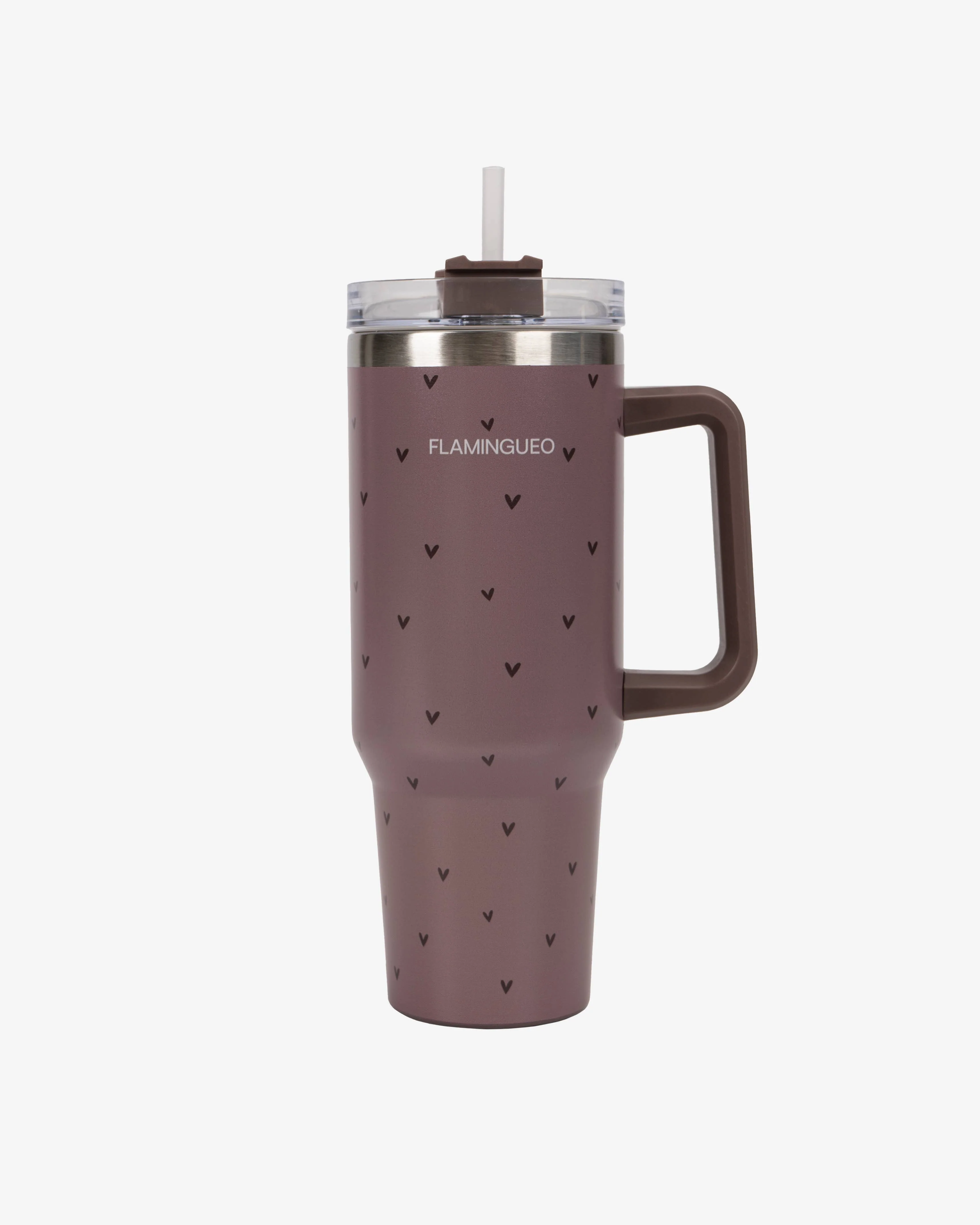 Bouteille thermos marron en acier inoxydable avec des petits cœurs