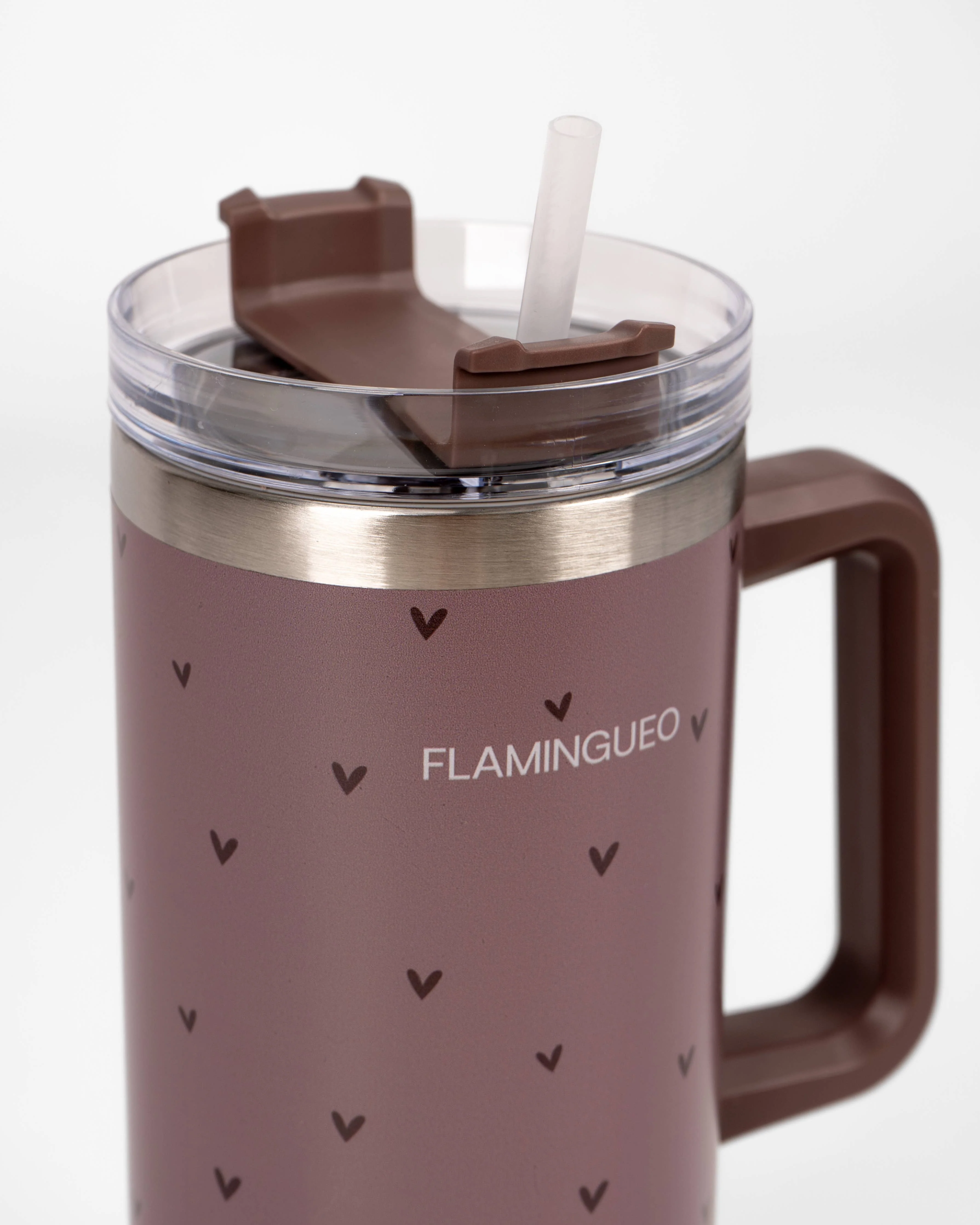 Bouteille thermos marron en acier inoxydable avec des petits cœurs - Image 2