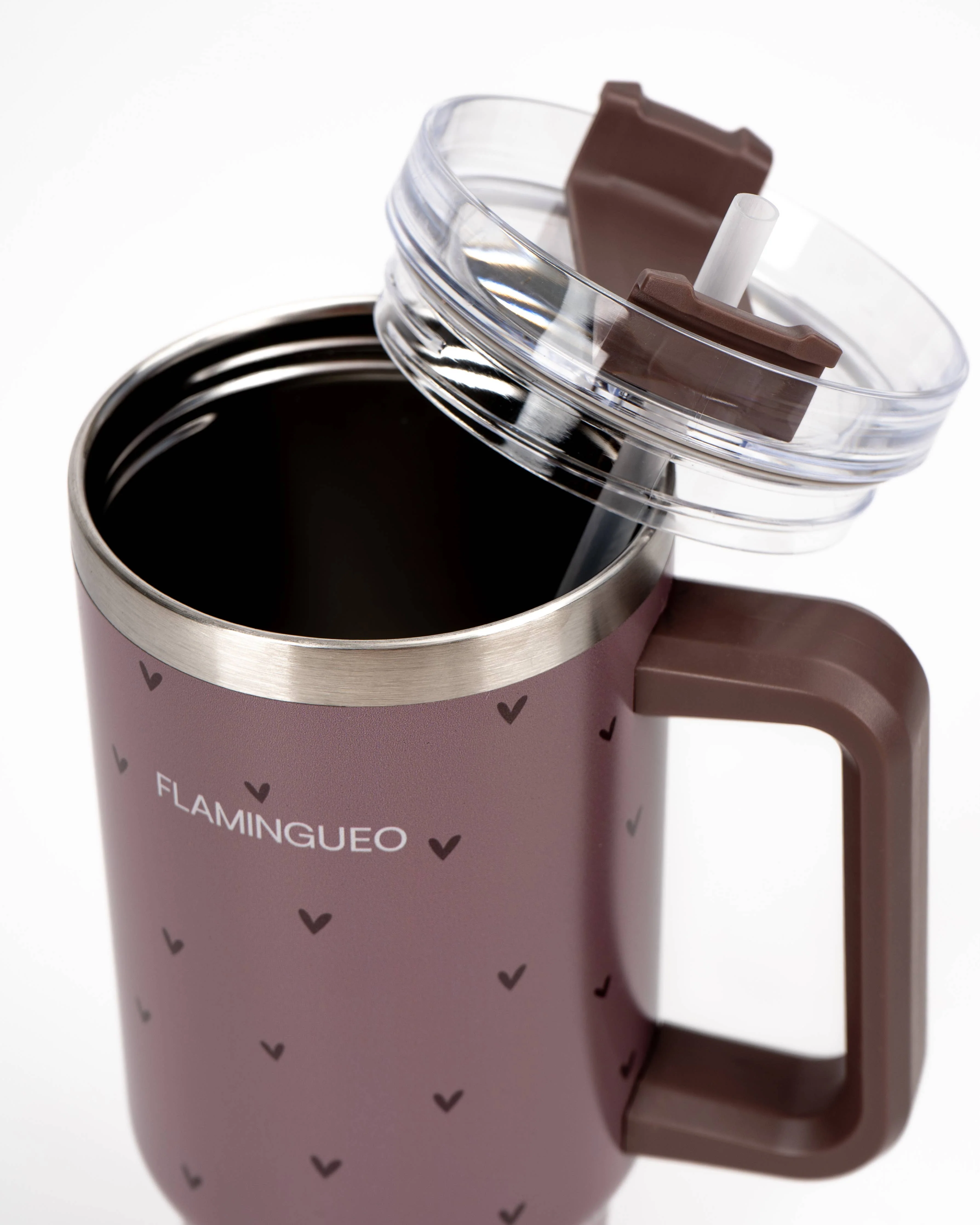 Bouteille thermos marron en acier inoxydable avec des petits cœurs - Image 3