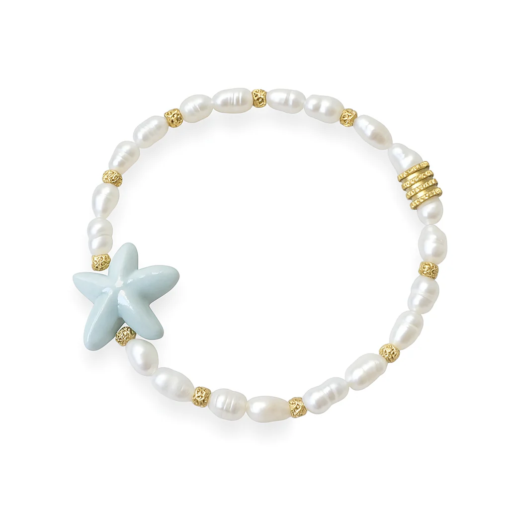 Bracelet Élastique Perles d’Eau Douce – Médaillon Étoile de Mer