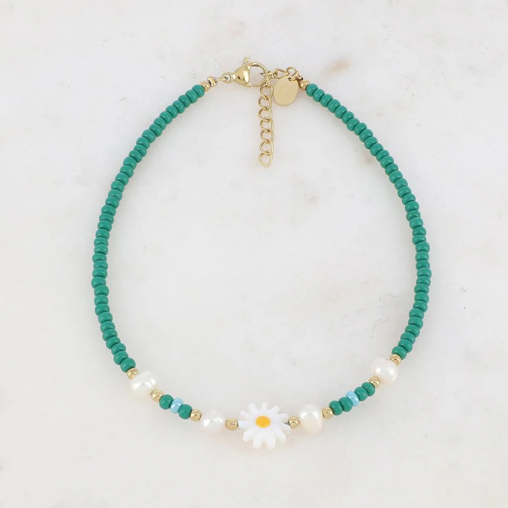 Bracelet de cheville - fleur, perles d'eau douce, perles I Vert