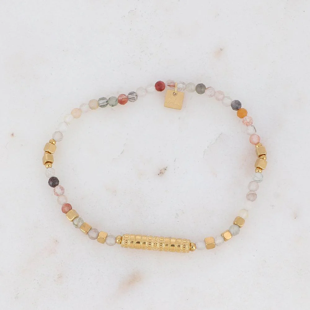 Bracelet doré avec cylindre strié et pierres Agates Roses