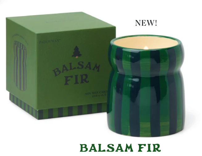 Cabana 6.5oz/184g Green/Navy Striped Ceram ic Candle - Balsam Fir