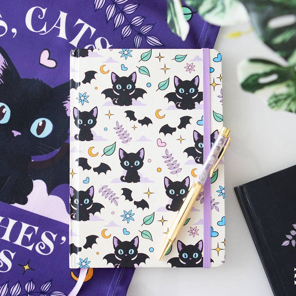 Carnet A5 avec impression de chat noir mignon et effrayant, accompagné d'un stylo améthyste.