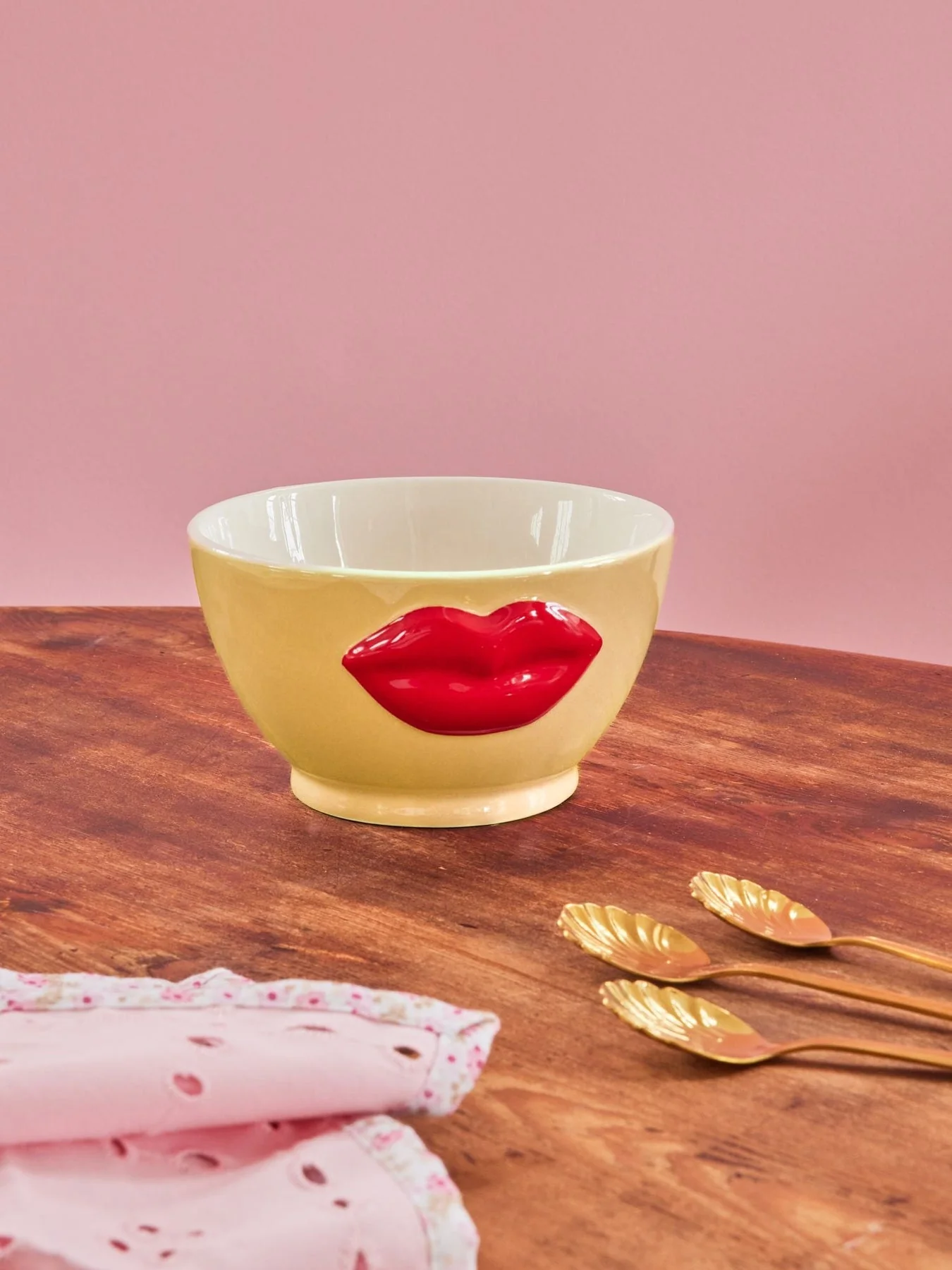 Ceramic Bowl with Embossed Red Lips - Cream - Small - 250 ml