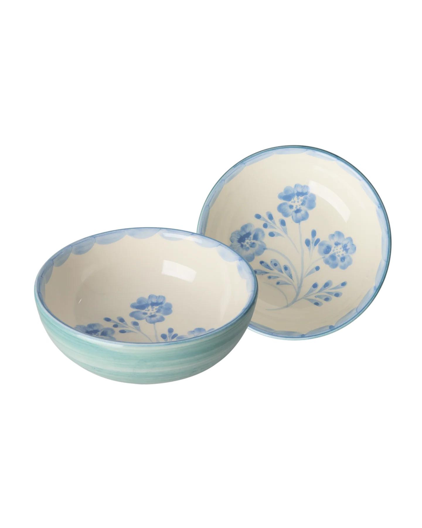 Ceramic Bowl with Hand-painted Blue Flowers - Green - 300 ml