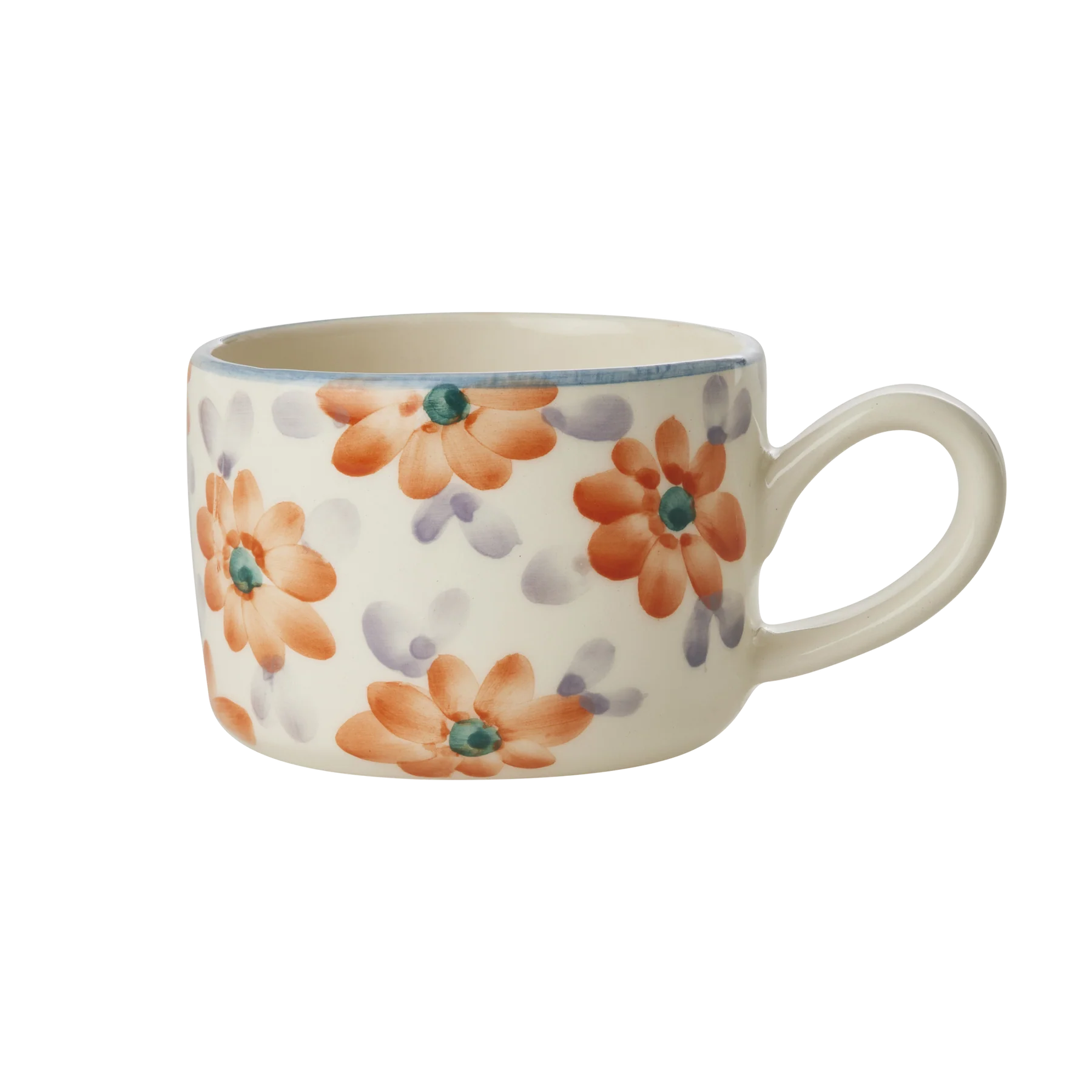 Ceramic Cappuccino Cup with Hand-painted Flowers - Orange