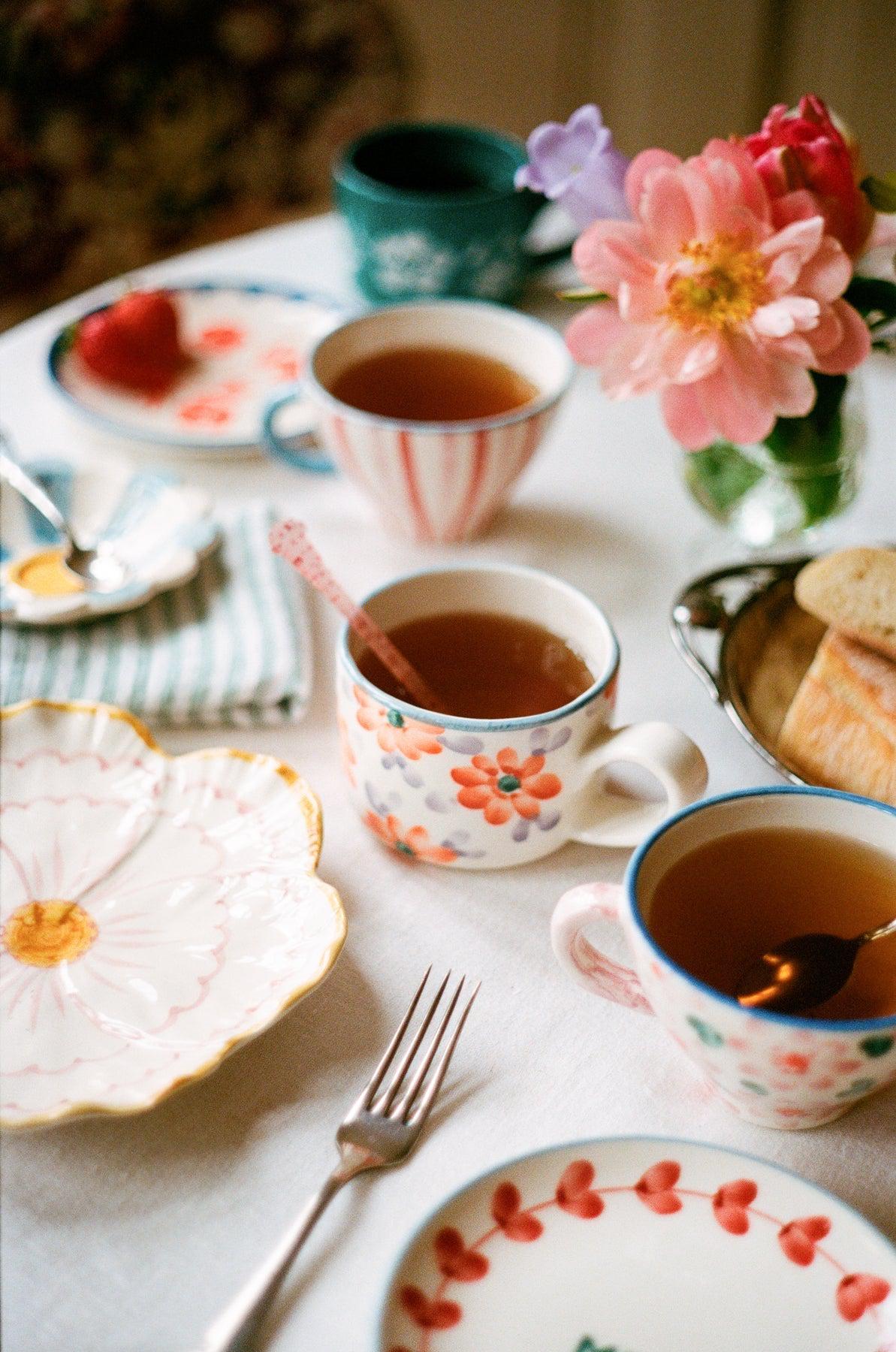 Ceramic Cappuccino Cup with Hand-painted Flowers - Orange - Image 2