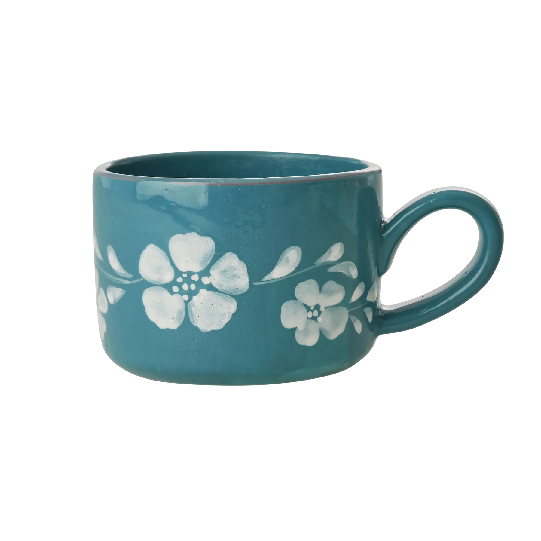 Ceramic Cappuccino Cup with Hand-painted White Flower Vine