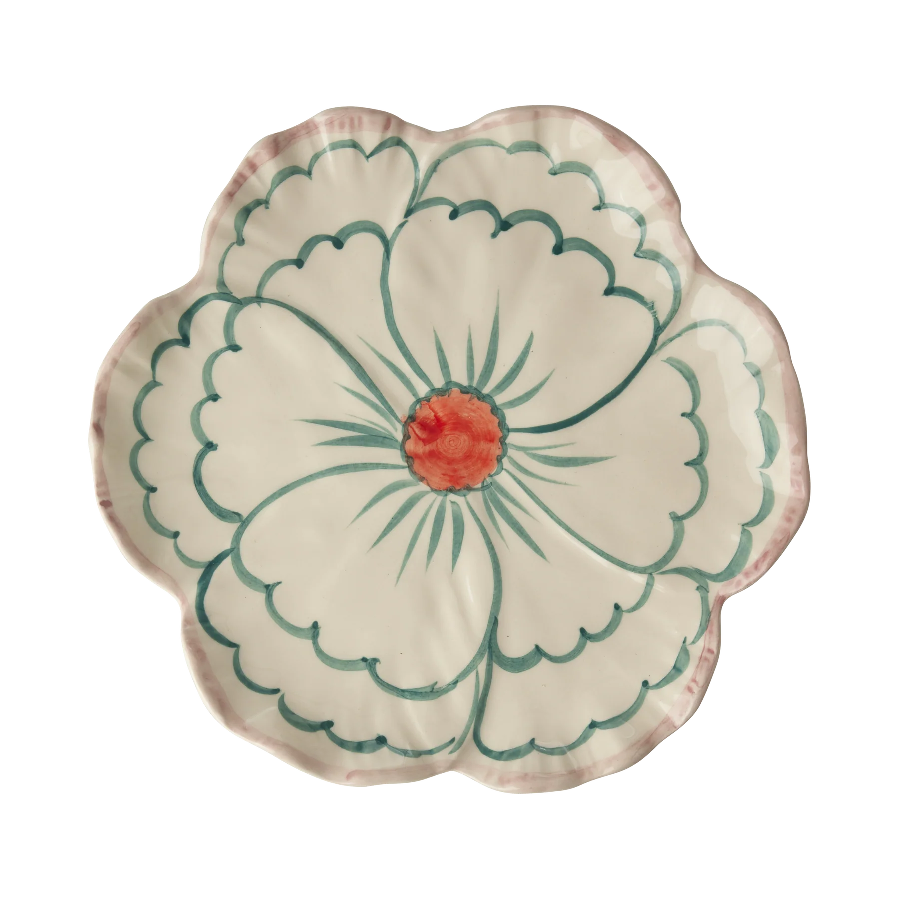 Ceramic Flower Shaped Side Plate in Jade with Pink Border
