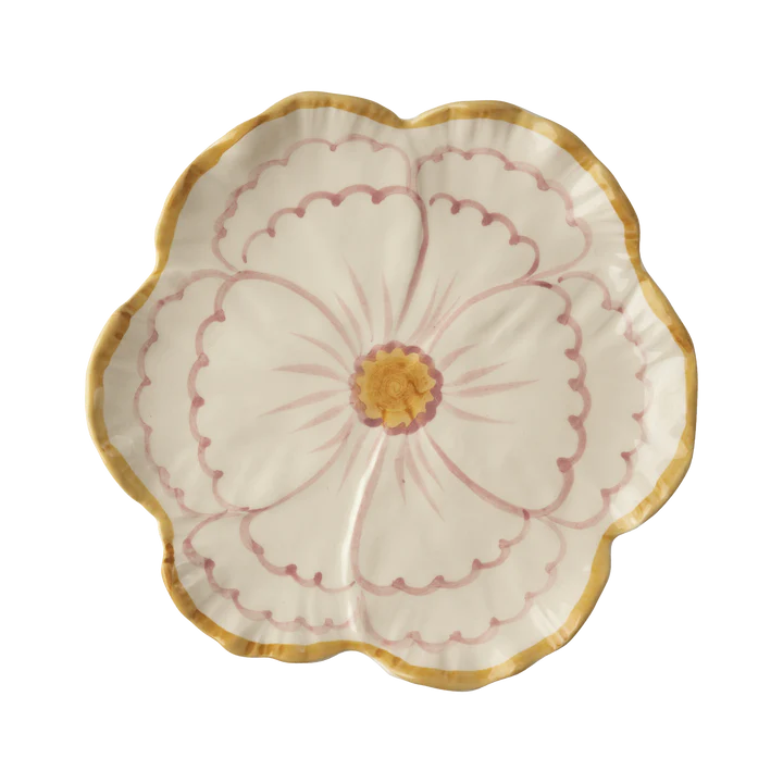 Ceramic Flower Shaped Side Plate in Pink with Yellow Border