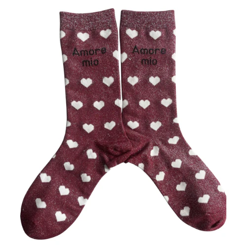Chaussette brillante "amore mio" - pourpre & coeur blanc