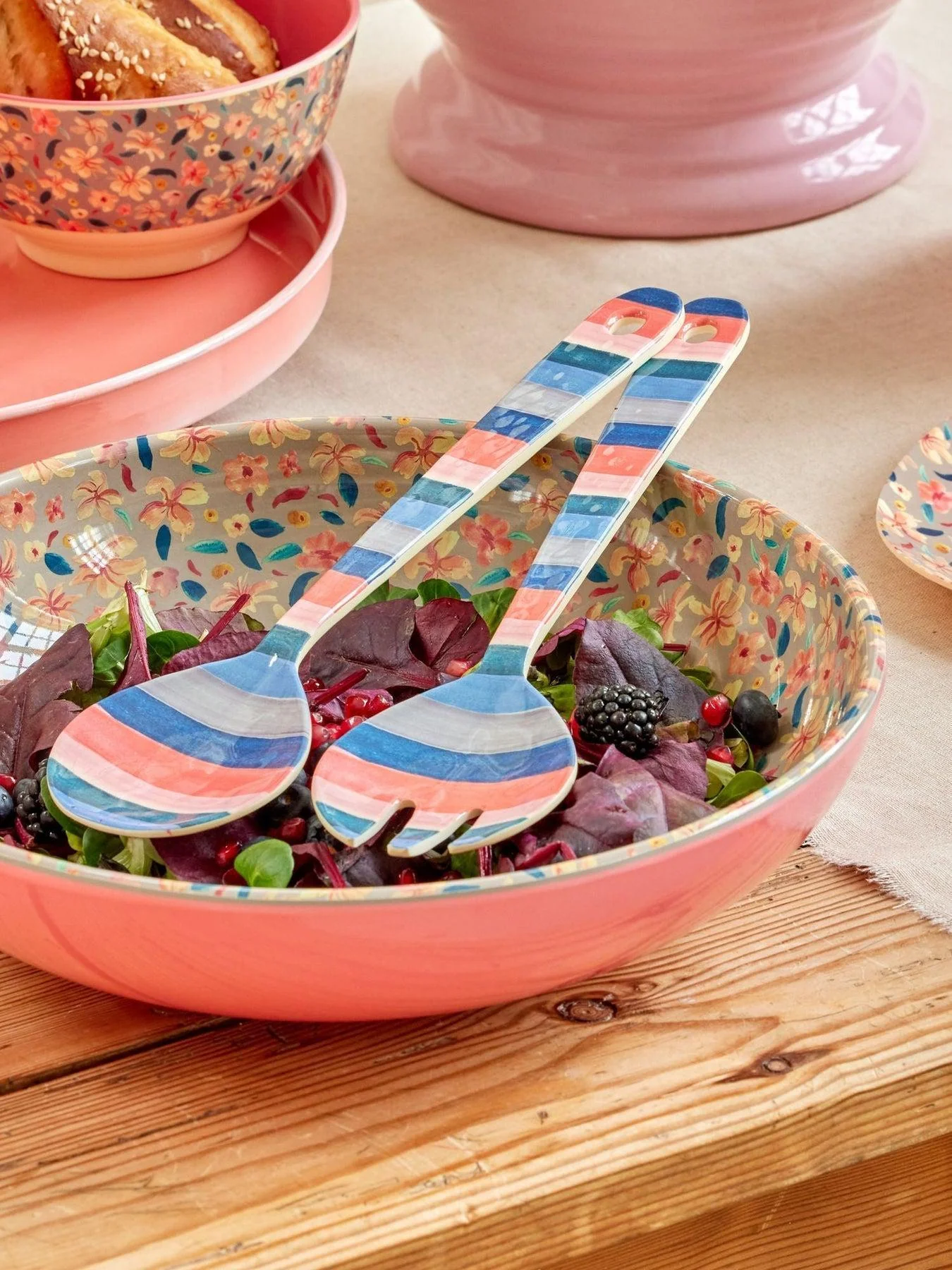 Melamine Salad Spoon and Fork with A New York Minute Stripes Print