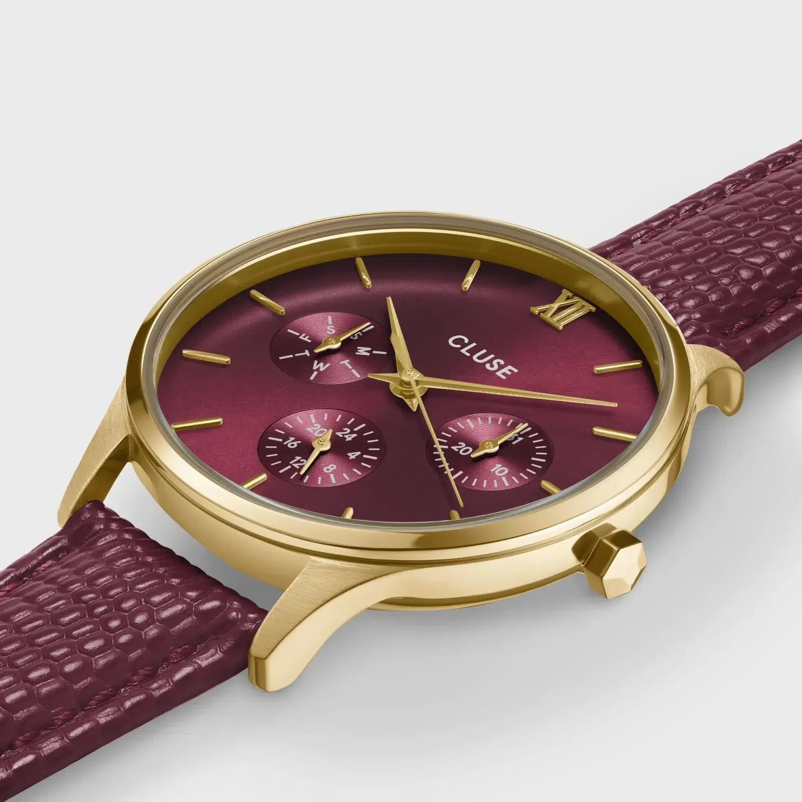 Minuit Multifunction Watch Leather, Dark Cherry Lizard, Gold Colour - Image 3