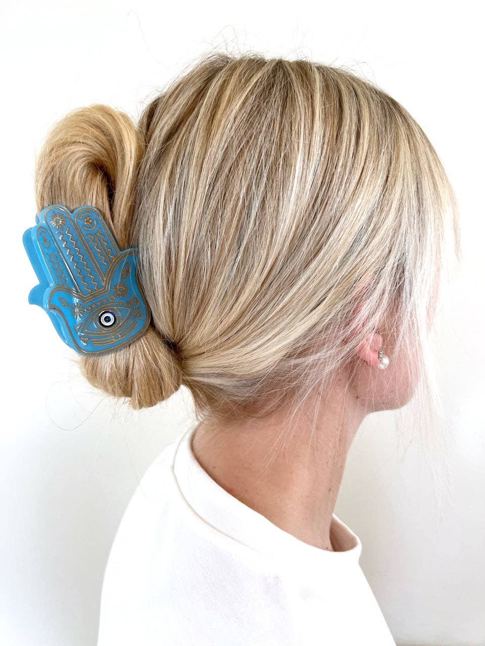 Pince à cheveux Hamsa Hand Claw peinte à la main | Écologique: Blanc - Image 3