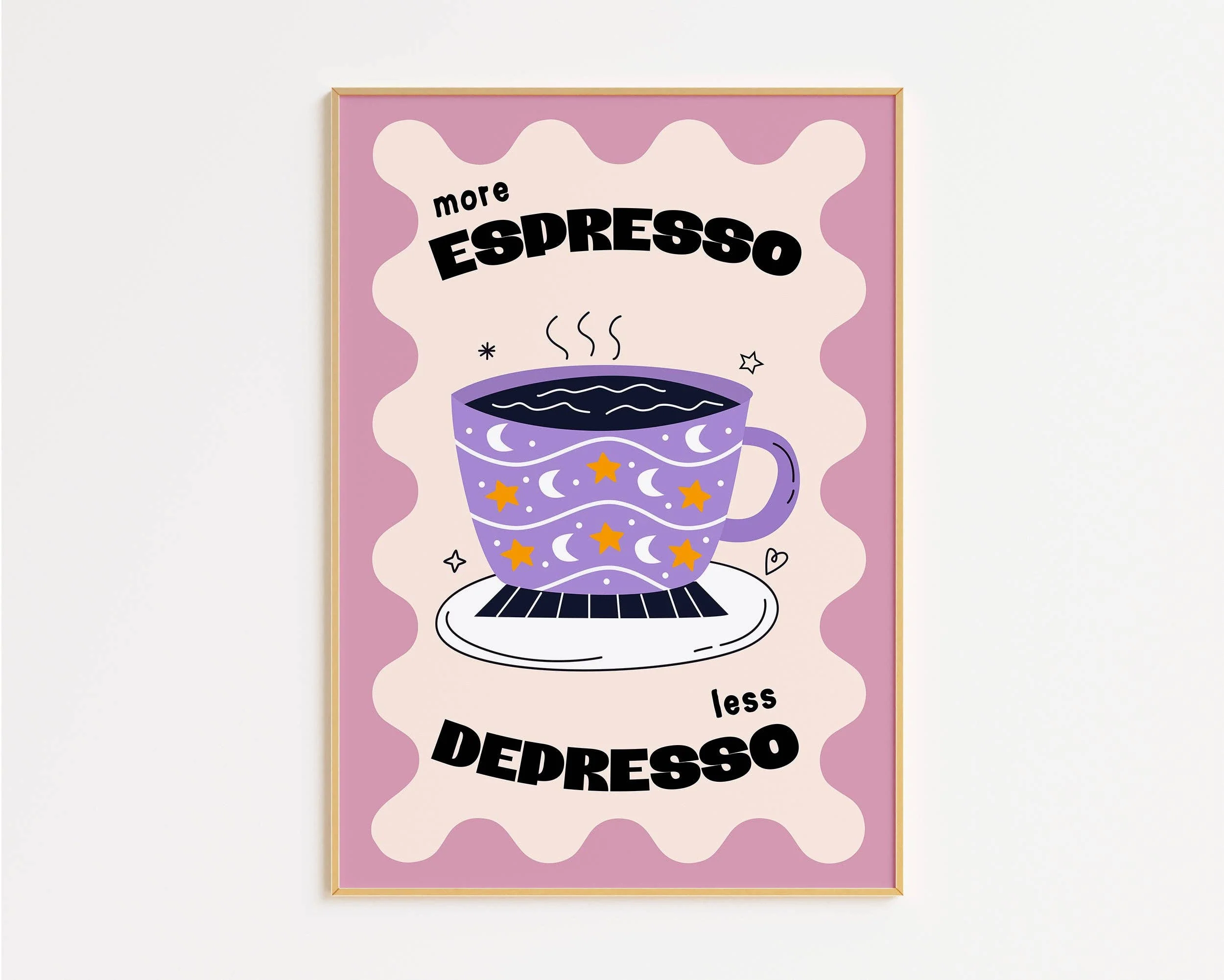 Plus d'Espresso Moins de Depresso Impression: Violet / Cadre en chêne / A2