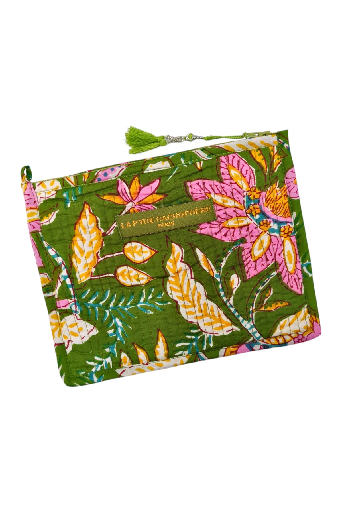 Pochette Block Print India imprimé Jaipur matelassé VERT