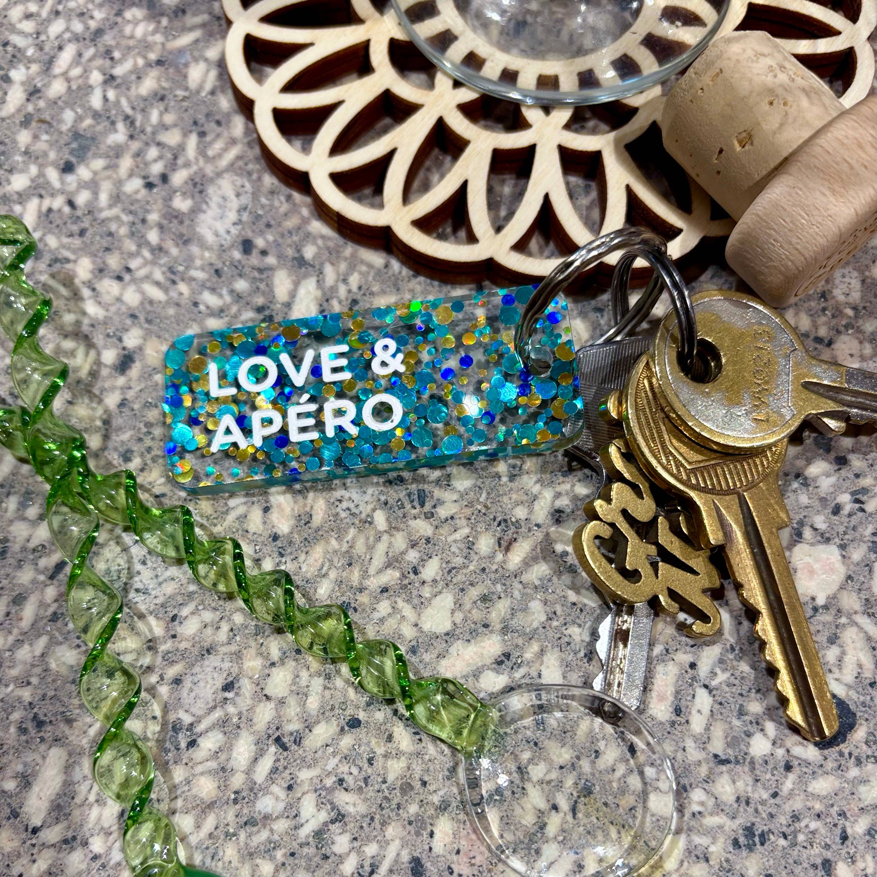 Porte-clés à paillettes I LOVE & APÉRO Bleu