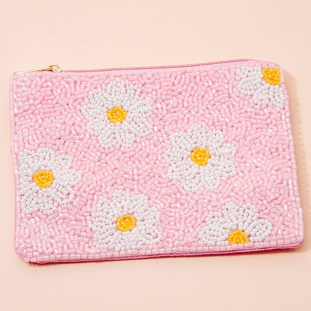 Porte-monnaie perlé à graines roses de fleurs de marguerite: MULTI