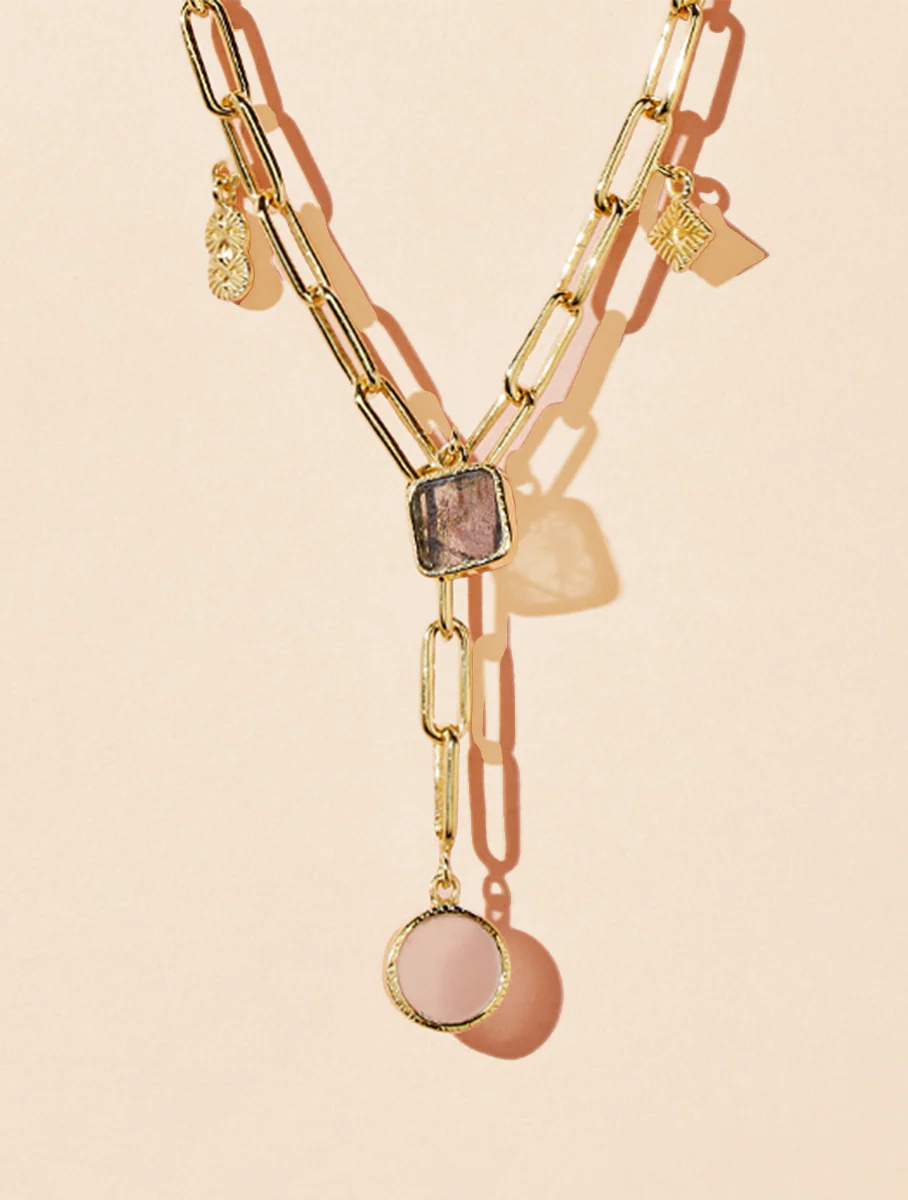 SAUTOIR ARYA - LABRADORITE ET QUARTZ ROSE
