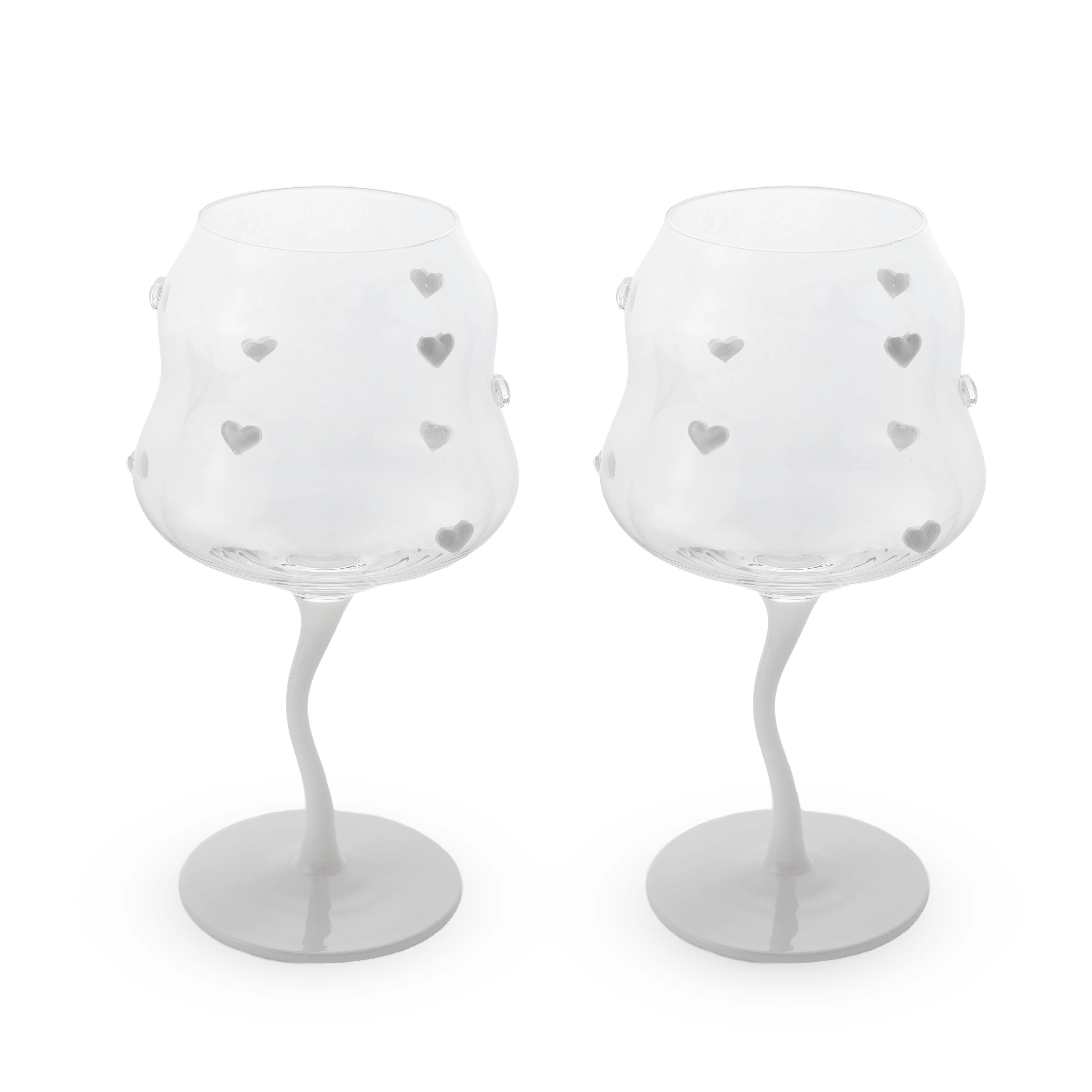 Set de 2 verres à cocktail. Contenance 450 ml. Décor coeurs blancs.