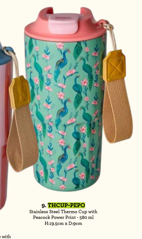 Stainless Steel Thermo Cup with Peacock Power Print - 580 ml